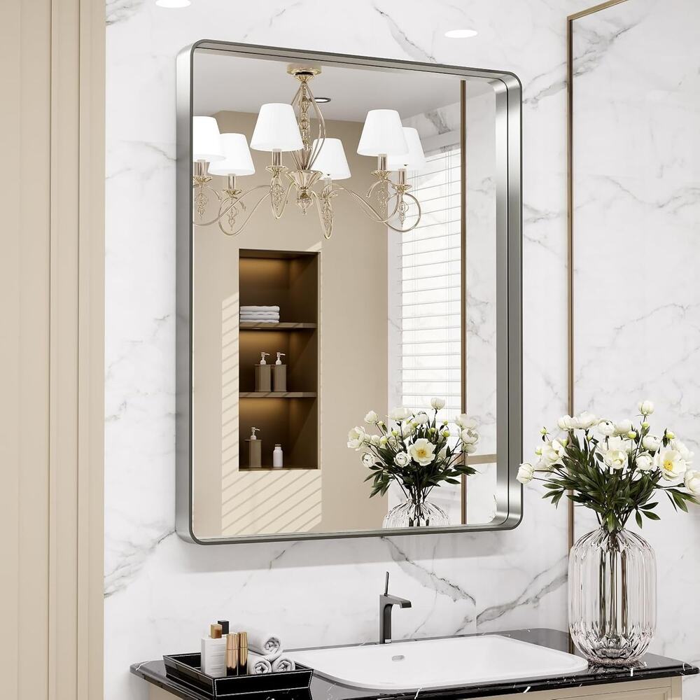LOAAO 24X36 Inch Brushed Nickel Bathroom Mirror, Rounded Rectangle Silver Metal
